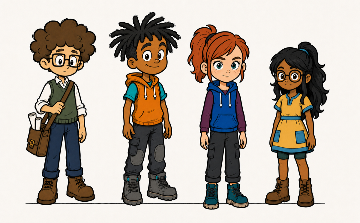 Maurice, Dom, Izzy and Flora standing together