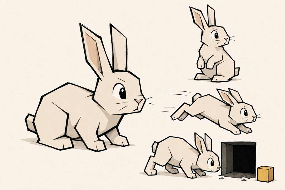 The angular pale Last-Light rabbit beside the village shelter